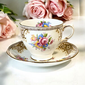 Vintage Salisbury Tea Cup and Saucer Set White Gold Floral Brown Transferware.